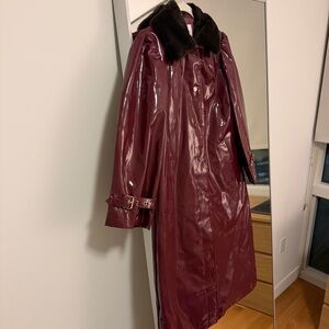 Women's Burgundy Rain Coat with Faux Fur Collar